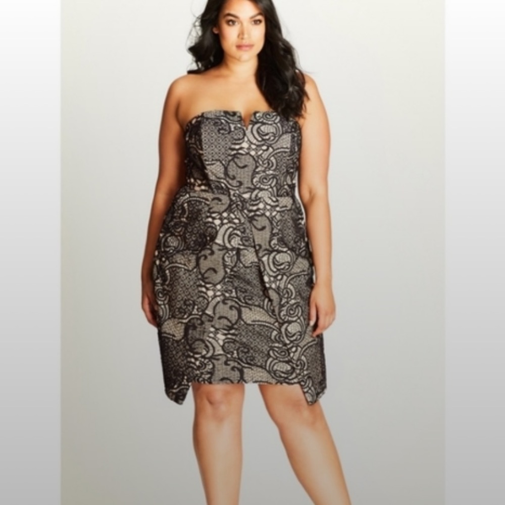 City Chic Nude Black Lace Overlay Strapless Dress size 14
